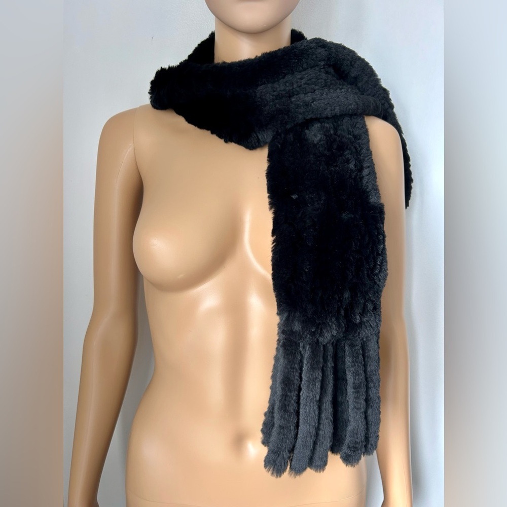 Black Natural Rabbit Fur Scarf Stole with Fringe